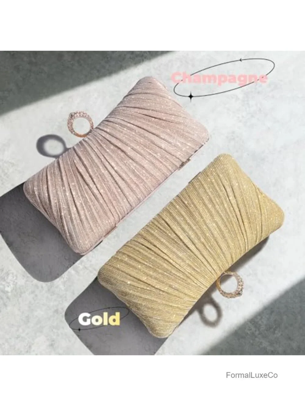 Faux Leather Glitter Pleated Clutch Purse with Rhinestone Ring Evening Bag for